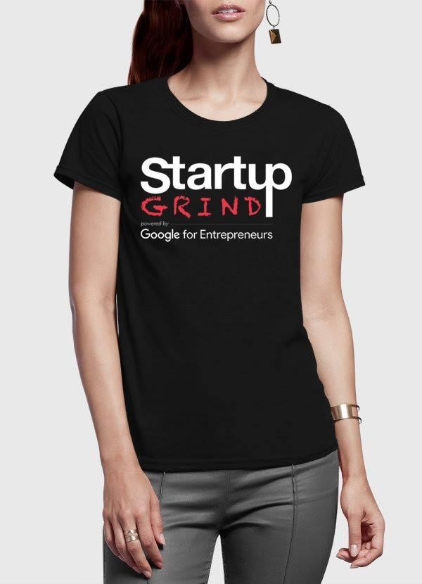 Black half sleeves round neck t-shirt for women featuring Startup Grind logo, ideal for entrepreneurs and startup enthusiasts.
