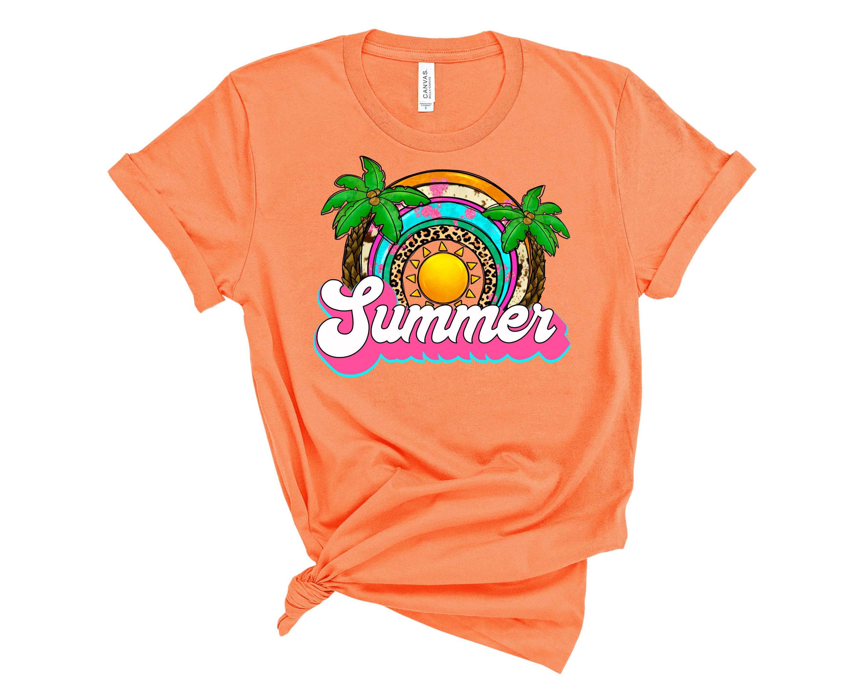 A stylish unisex graphic tee featuring vibrant palm trees, perfect for summer wear.