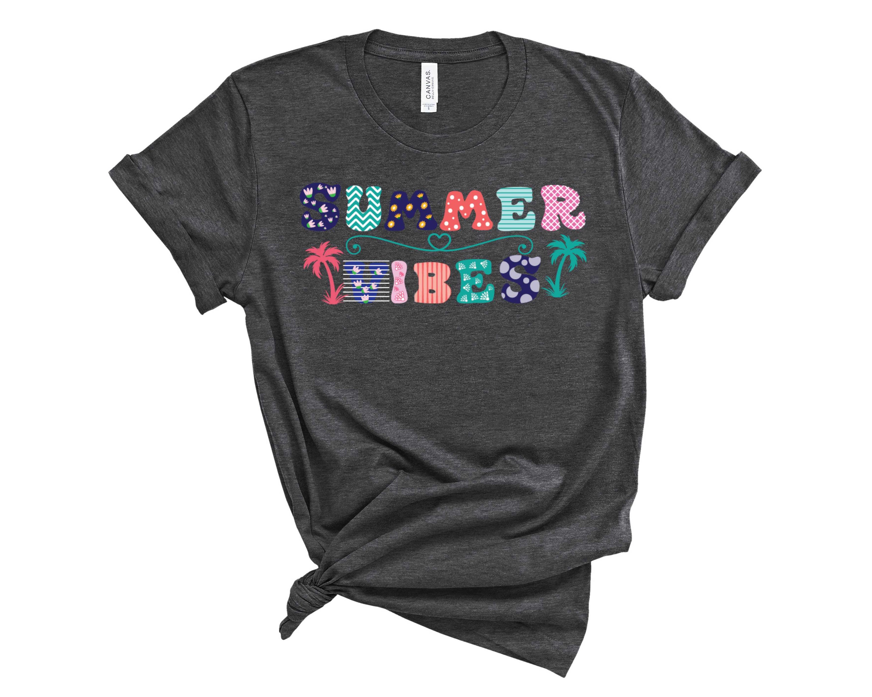 A vibrant Summer Vibes Girly Graphic Tee featuring a colorful summer-themed design, perfect for casual outings.