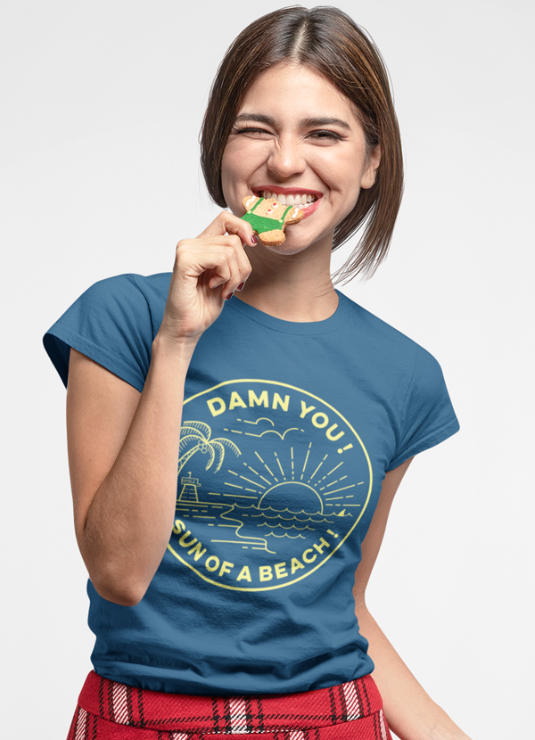 Sun Of Beach Women T-shirt featuring vibrant designs on soft ringspun cotton fabric, perfect for casual wear.
