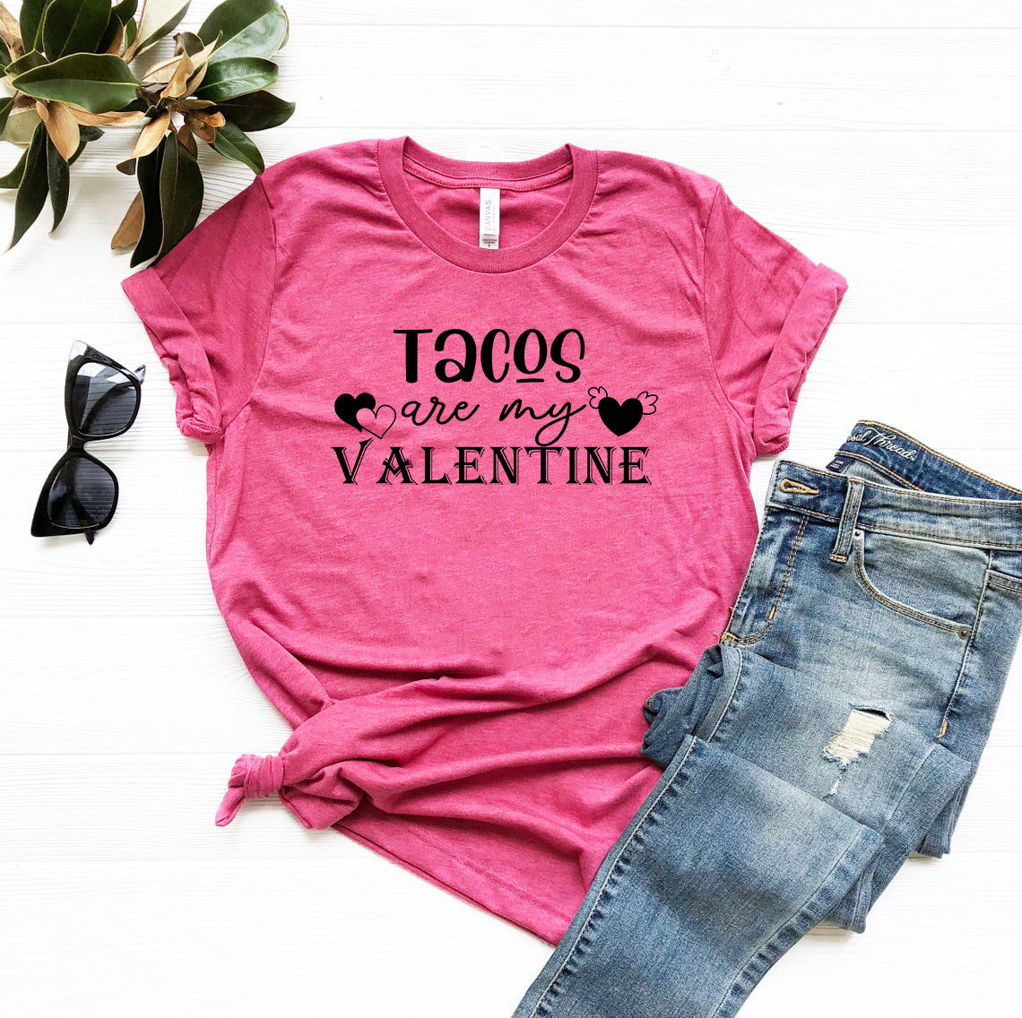 A stylish unisex T-shirt featuring the phrase 'Tacos Are My Valentine' in vibrant print, made from soft ring spun cotton.