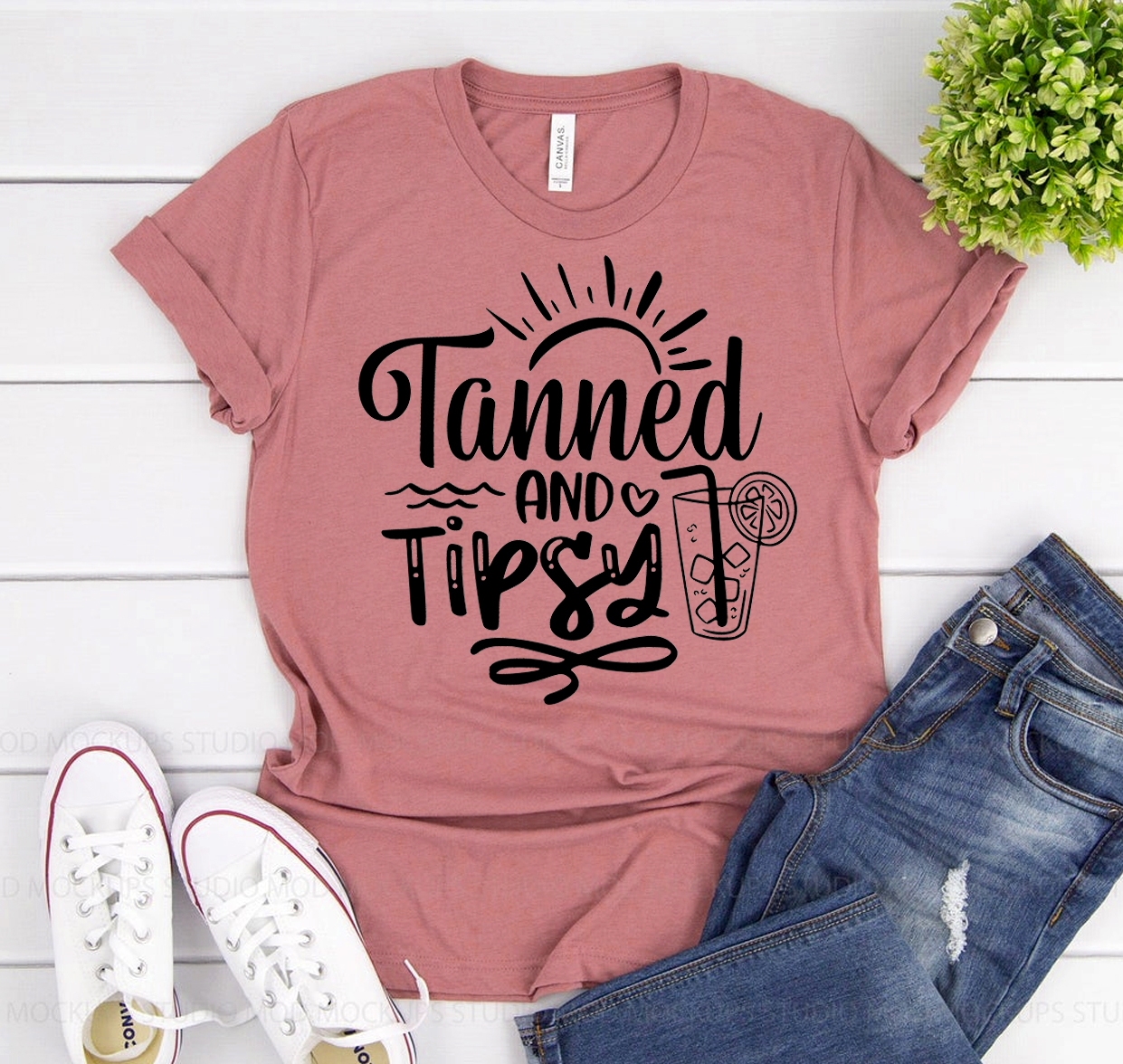 Tanned and Tipsy T-shirt made of premium ring spun cotton, featuring a vibrant flex print design, available in various sizes.