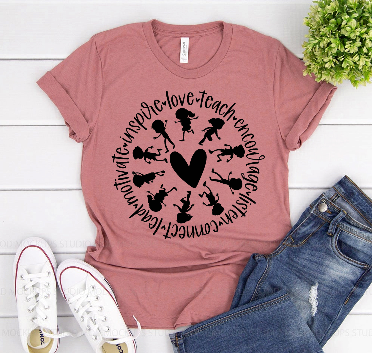 Teach Love Inspire T-shirt in various sizes, showcasing its soft fabric and unisex design.