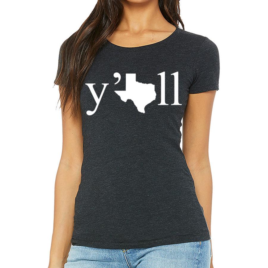 A stylish women's Texas Y'all tee featuring a vibrant design, made from soft Bella and American Apparel fabric, perfect for casual wear.