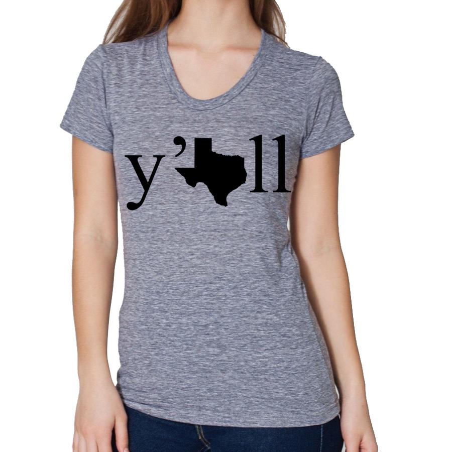 A stylish women's Texas Y'all tee featuring a vibrant design, made from soft Bella and American Apparel fabric, perfect for casual wear.