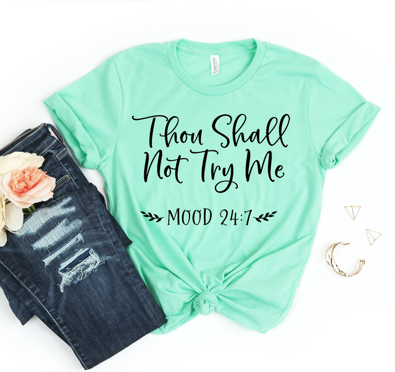 Thou Shall Not Try Me T-shirt displayed on a mannequin, showcasing its classic unisex design and soft fabric.