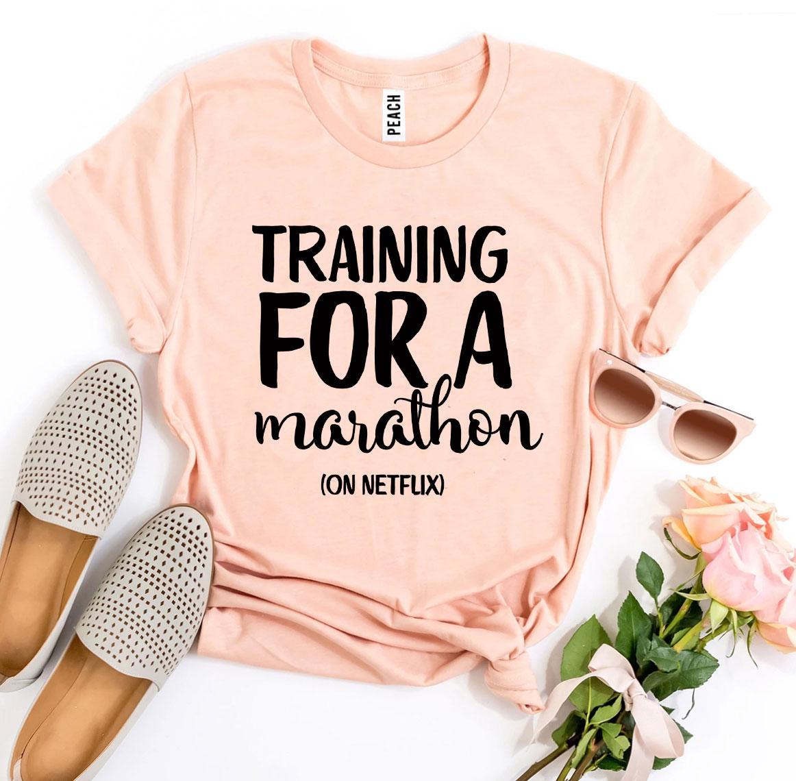 Training For a Marathon On Netflix T-shirt made of premium ring spun cotton, featuring a vibrant flex print design.