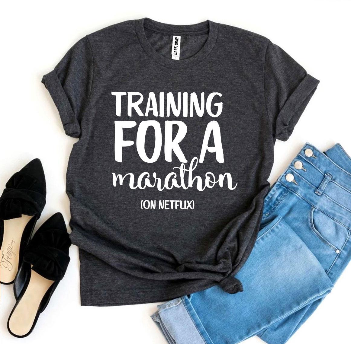 Training For a Marathon On Netflix T-shirt made of premium ring spun cotton, featuring a vibrant flex print design.