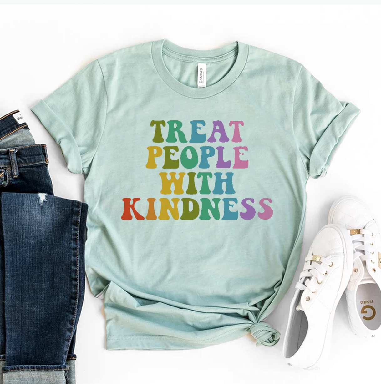 Treat People With Kindness T-shirt made of premium ring spun cotton, featuring a vibrant flex print design promoting kindness.