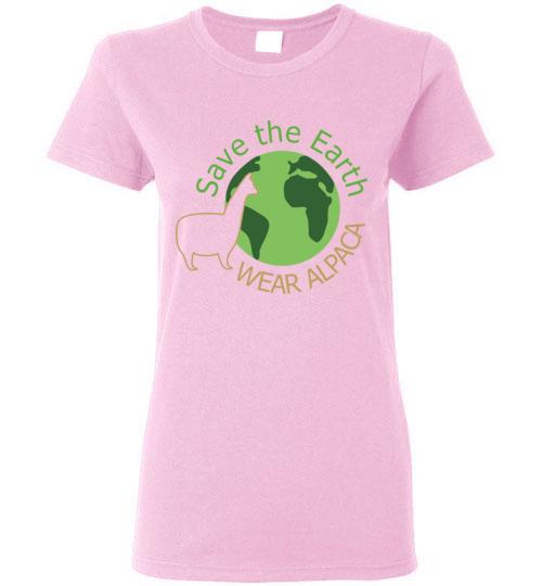 Ladies cut t-shirt featuring a Save the Earth Wear Alpaca design, showcasing eco-friendly messaging and high-quality fabric.