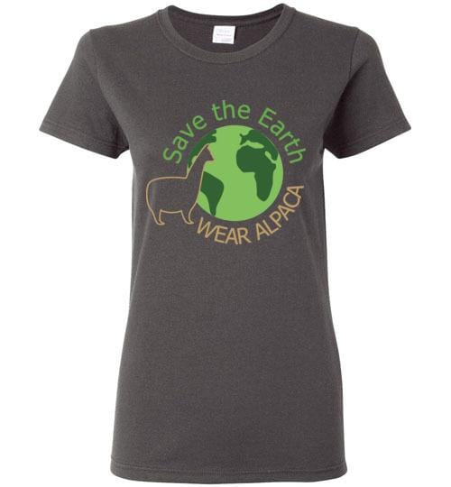 Ladies cut t-shirt featuring a Save the Earth Wear Alpaca design, showcasing eco-friendly messaging and high-quality fabric.