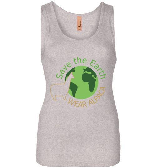 Ladies t-shirt featuring a Save the Earth Wear Alpaca design, showcasing an eco-friendly message with vibrant colors.