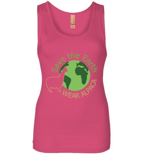 Ladies t-shirt featuring a Save the Earth Wear Alpaca design, showcasing an eco-friendly message with vibrant colors.