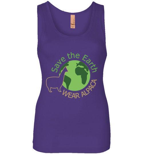 Ladies t-shirt featuring a Save the Earth Wear Alpaca design, showcasing an eco-friendly message with vibrant colors.
