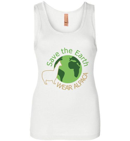 Ladies t-shirt featuring a Save the Earth Wear Alpaca design, showcasing an eco-friendly message with vibrant colors.