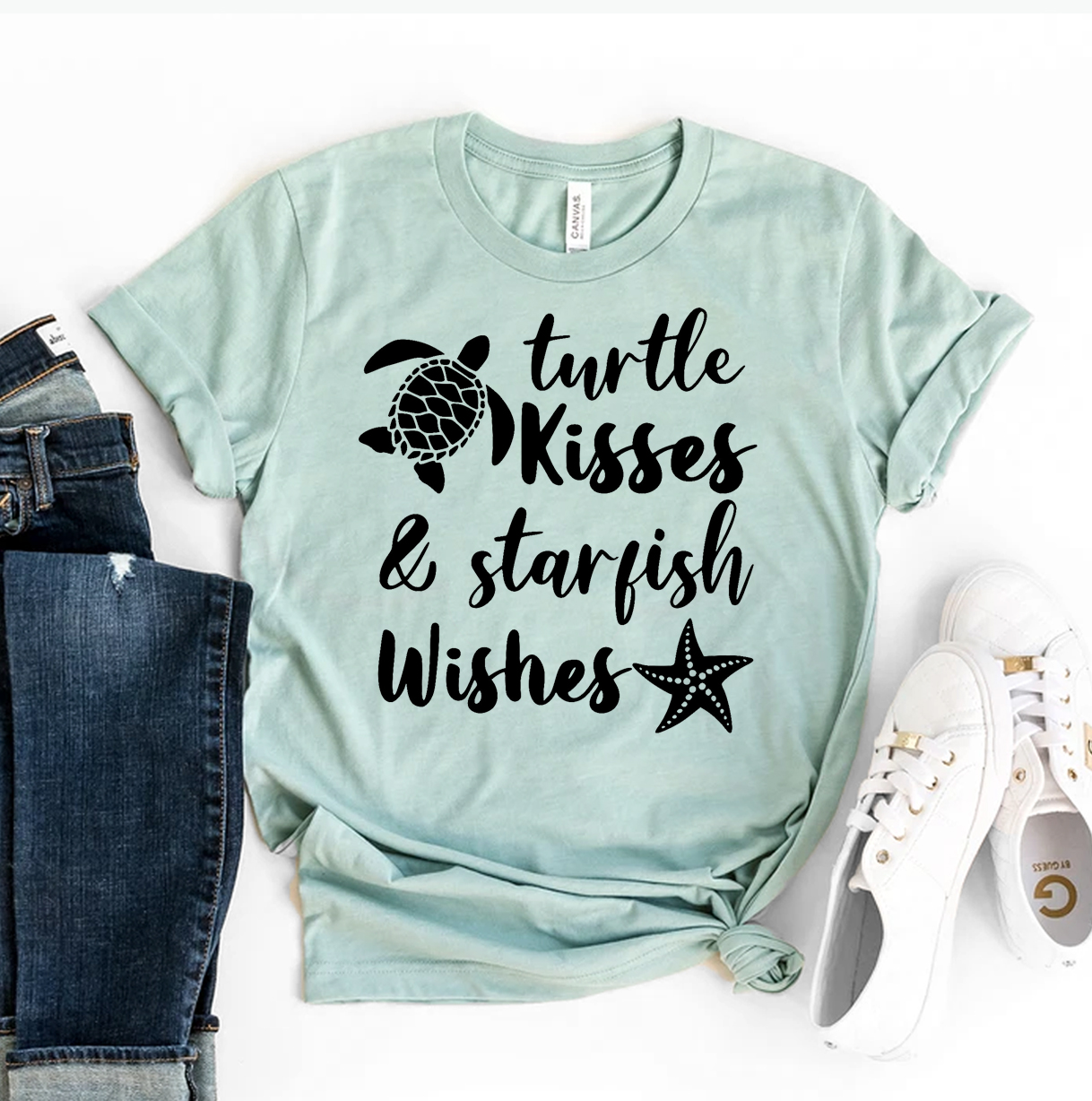 Turtle Kisses And Starfish Wishes T-shirt featuring a whimsical design on premium cotton fabric.