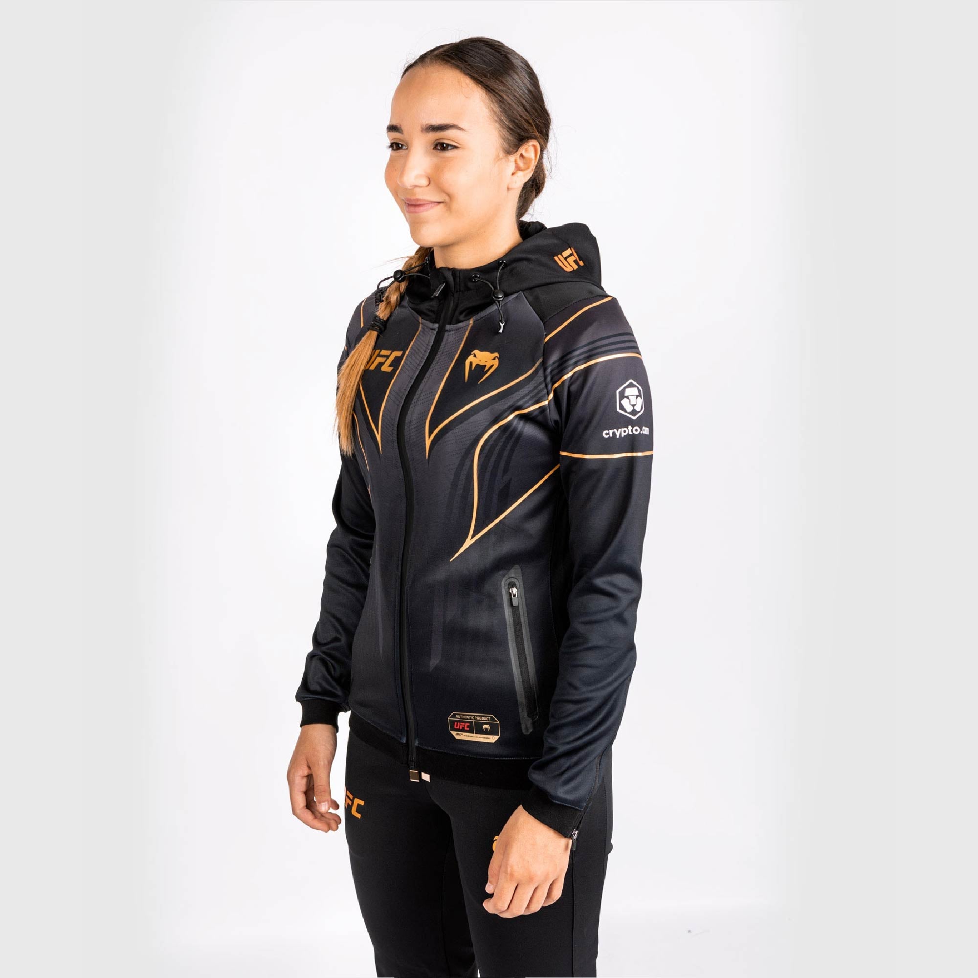 UFC VENUM Alexandre Pantoja Authentic Fight Night 2.0 Women’s Walkout Hoodie featuring a glossy finish and sublimated graphics.