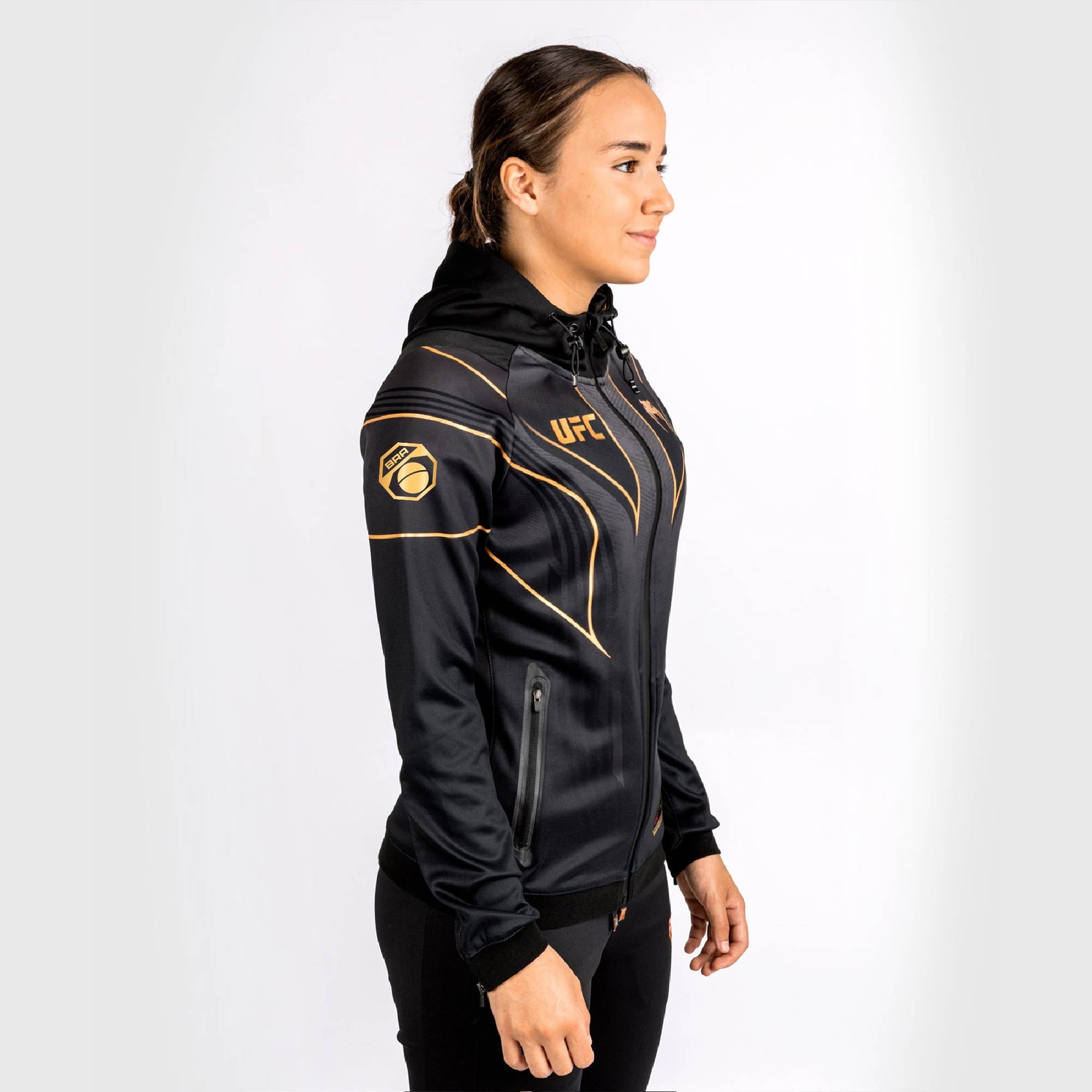 UFC VENUM Alexandre Pantoja Authentic Fight Night 2.0 Women’s Walkout Hoodie featuring a glossy finish and sublimated graphics.