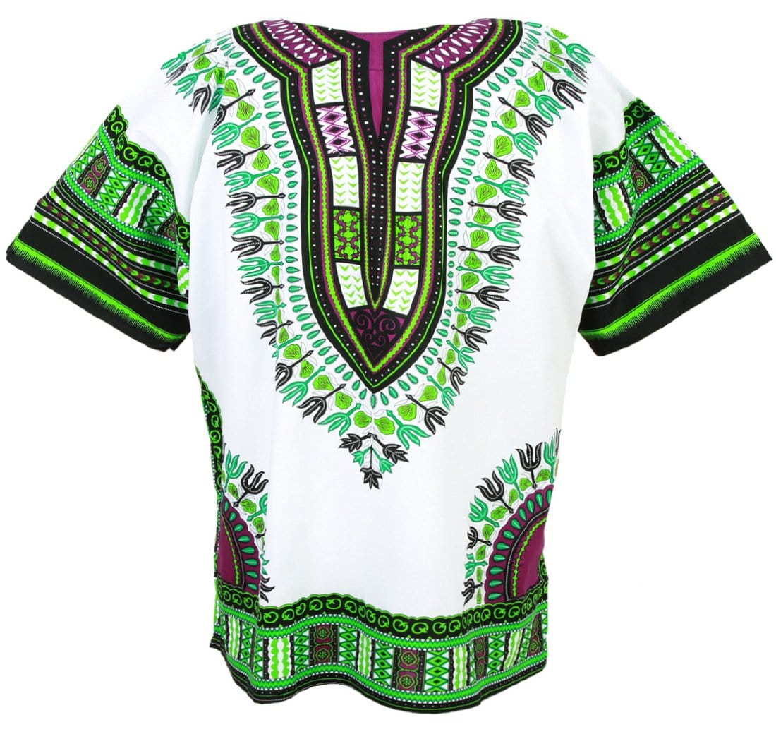 Unisex African Dashiki Wear shirt in white and green, showcasing vibrant patterns and 100% cotton fabric.