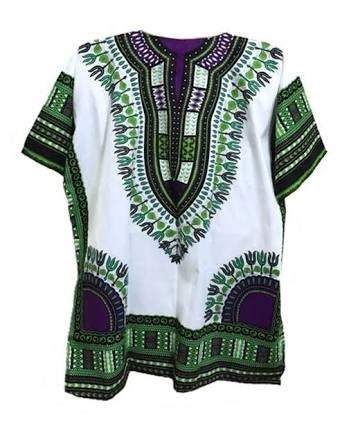Unisex African Dashiki Wear shirt in white and green, showcasing vibrant patterns and 100% cotton fabric.