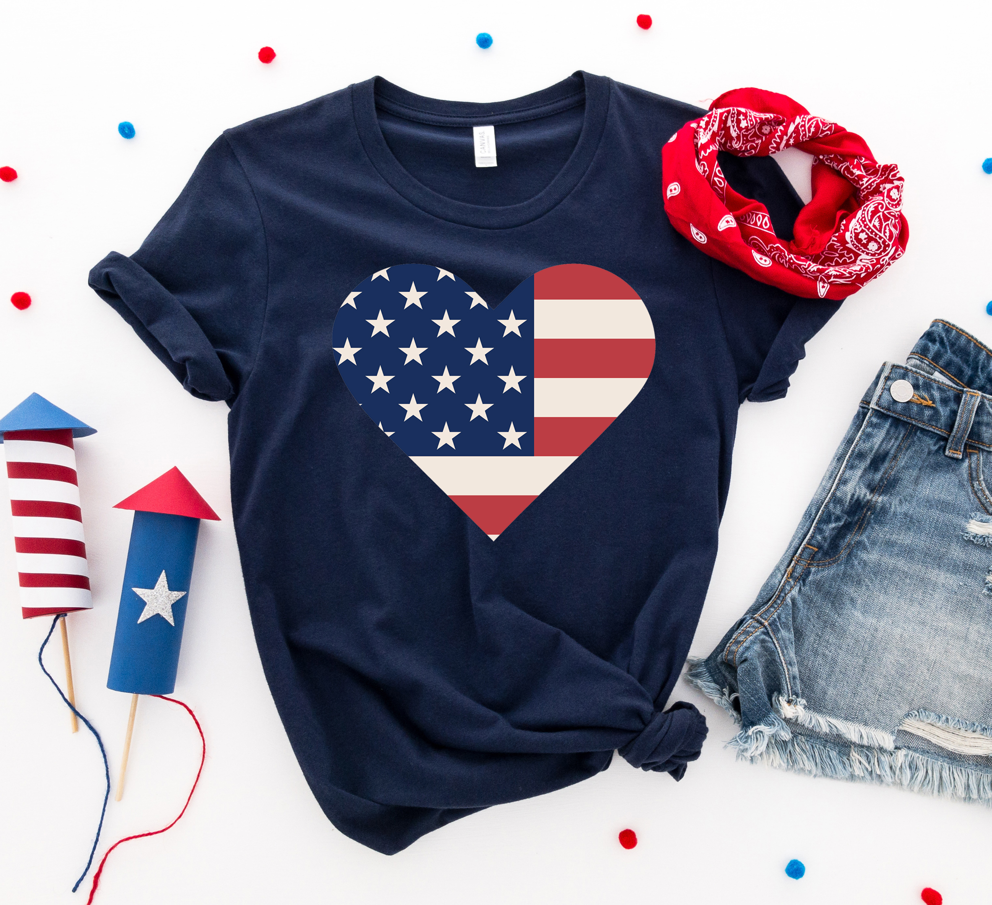 USA Flag Heart T-shirt made of premium ring spun cotton with a vibrant heart-shaped flag design.