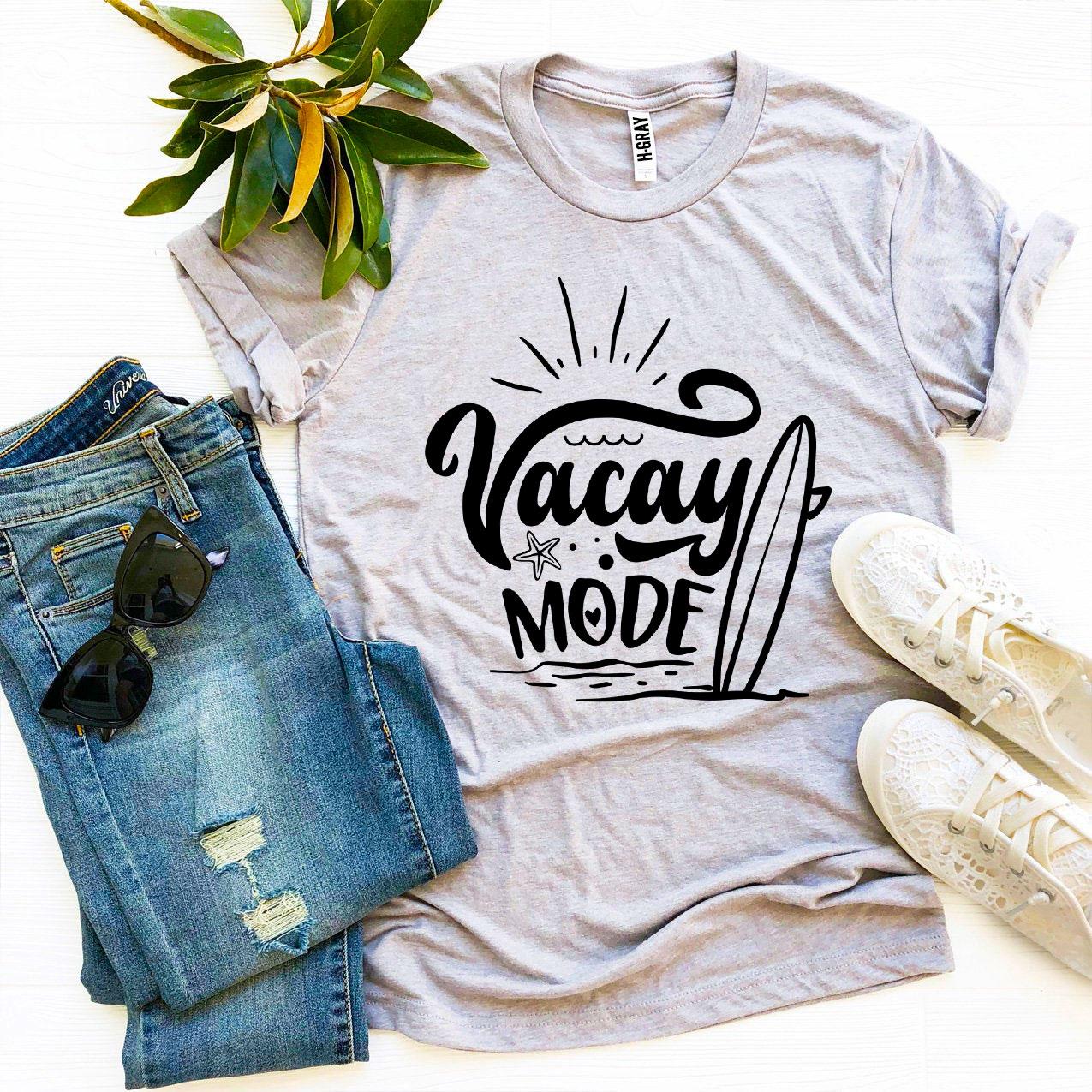 Vacay Mode T-shirt made of premium ring spun cotton, featuring a stylish flex print design, available in various sizes.