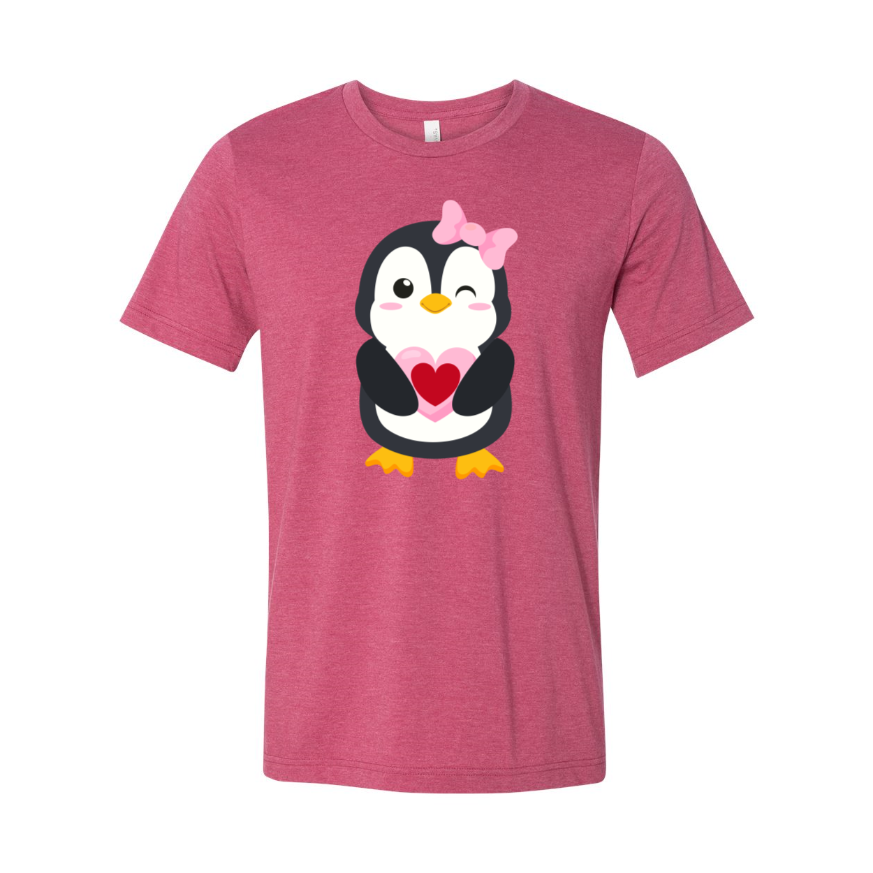 VAL0122 Valentines Penguin Shirt in various colors, showcasing a playful penguin design on a soft cotton fabric.