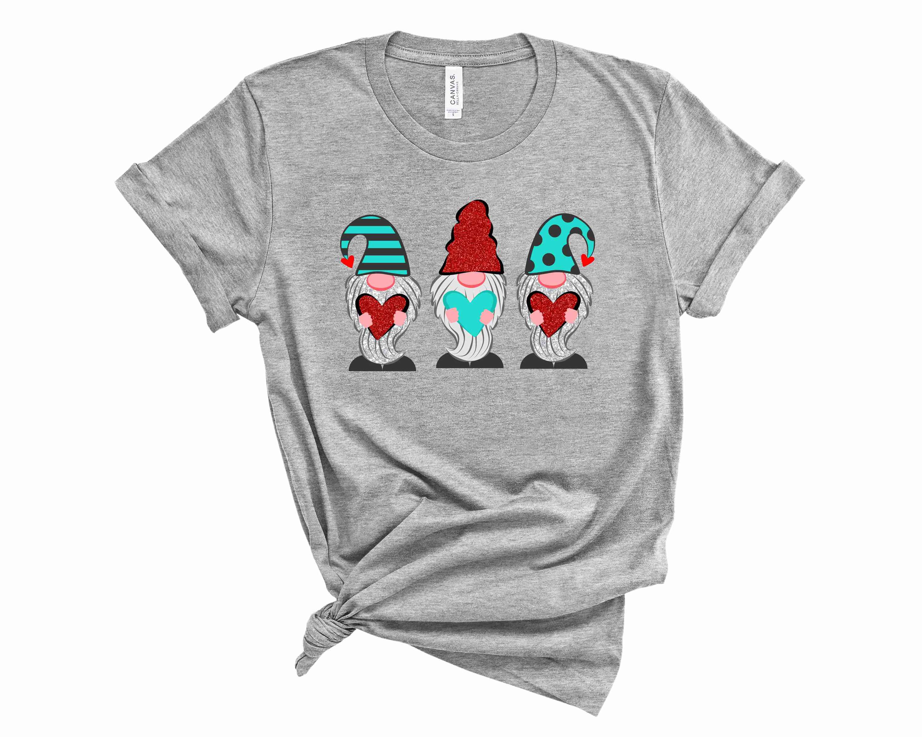 A unisex graphic tee featuring a cute Valentine gnome design, perfect for celebrating love.