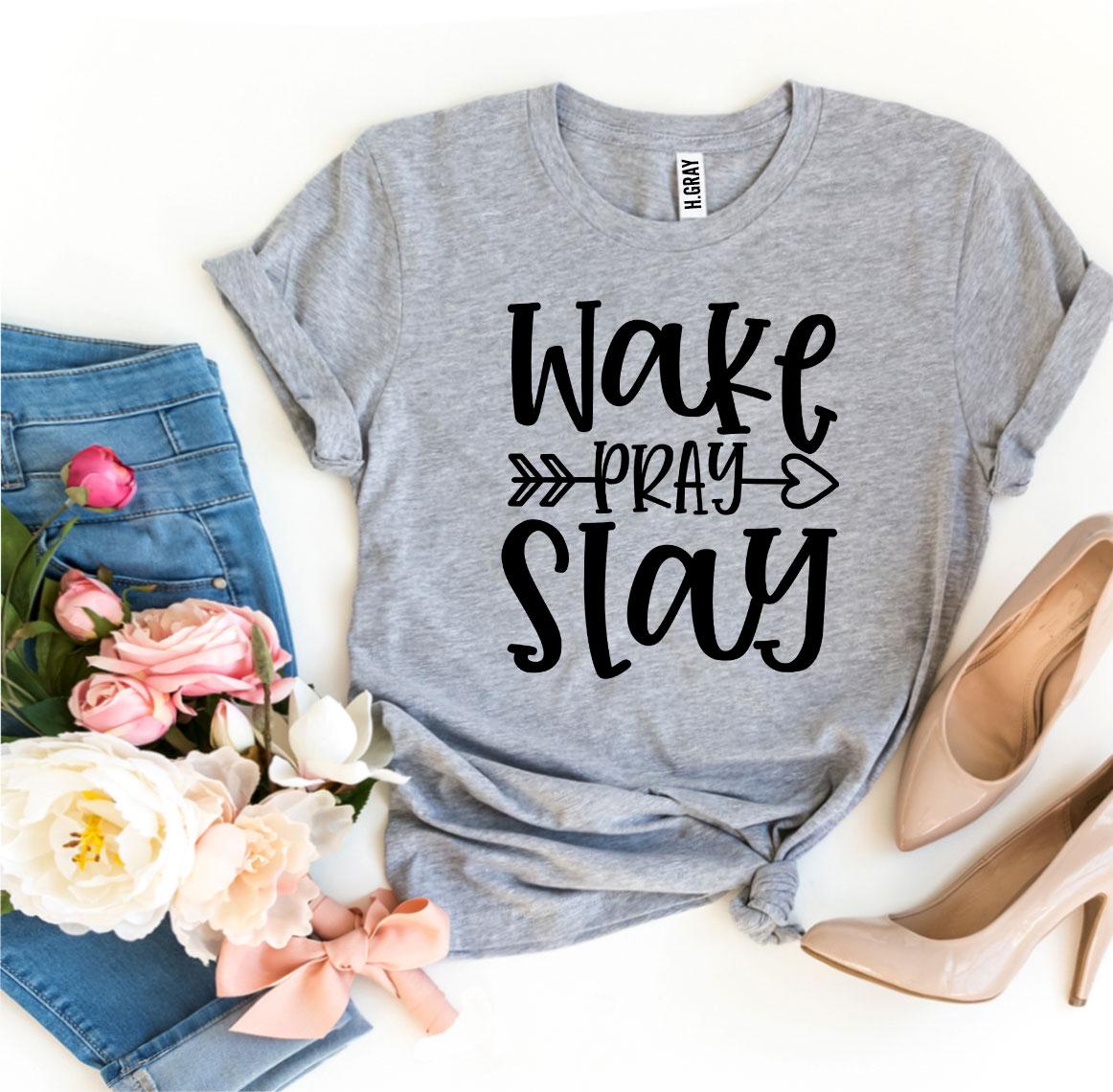 Wake Pray Slay T-shirt made from premium ring spun cotton, featuring a stylish flex print design in various sizes.