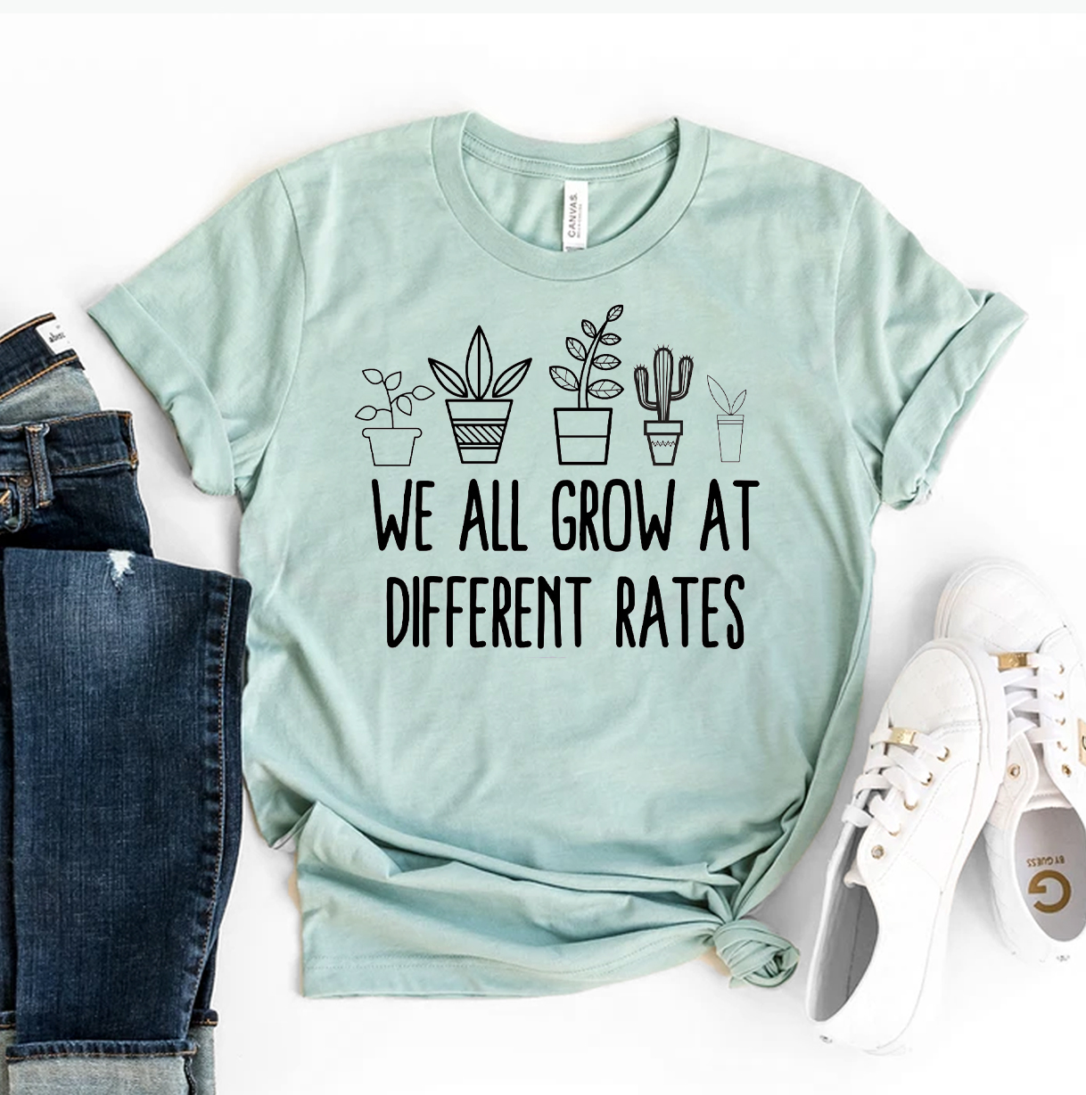 We All Grow At Different Rates T-shirt made of premium ring spun cotton, featuring a soft feel and high-quality flex print design.