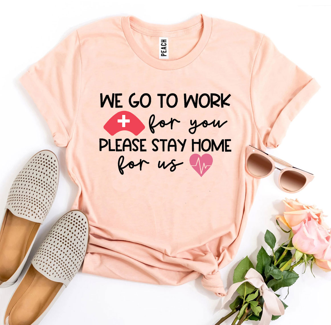 We Go To Work For You T-shirt made of premium ring spun cotton, featuring a soft textile flex print and available in various sizes.