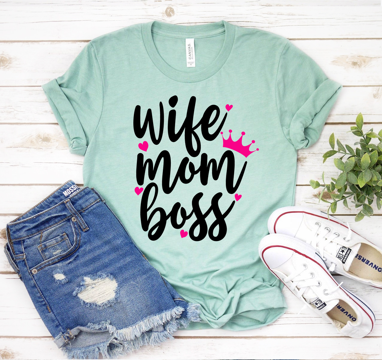 Wife Mom Boss T-shirt displayed on a mannequin, showcasing its stylish design and comfortable fit.