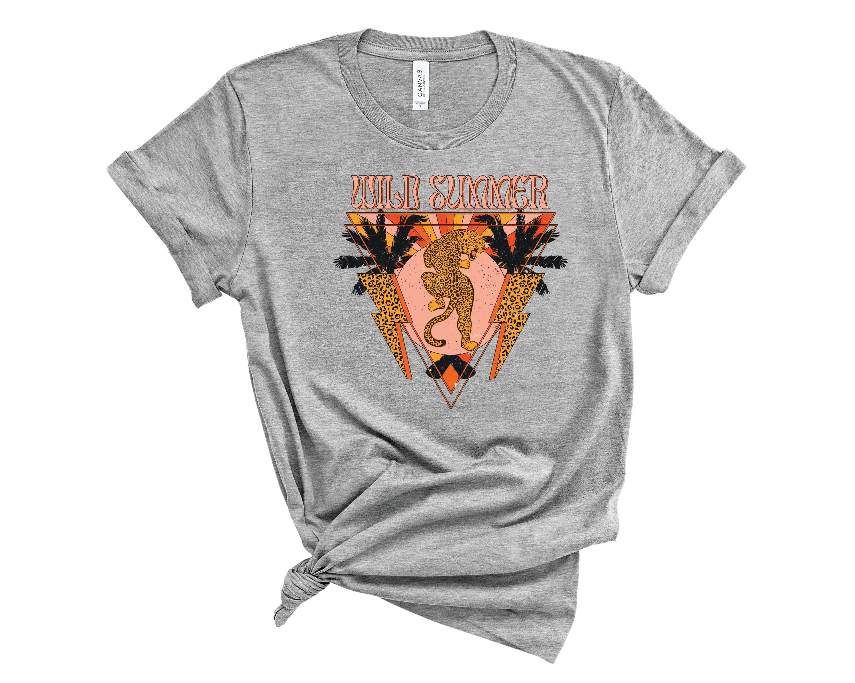 Wild Summer Leopard Retro Graphic Tee featuring a trendy leopard print design on a soft fabric, suitable for unisex wear.