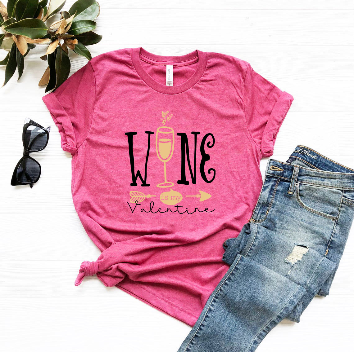 Unisex Wine Is My Valentine Shirt in various colors, showcasing a comfortable fit and high-quality print.