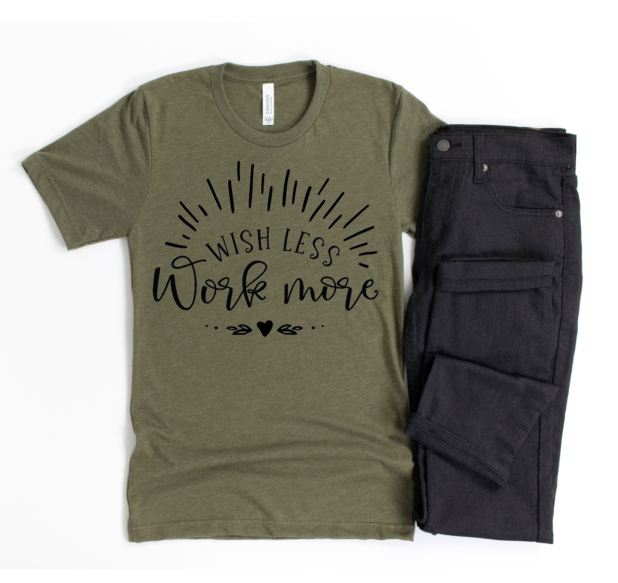 Wish Less Work More T-shirt in various sizes, showcasing its soft fabric and classic unisex design.