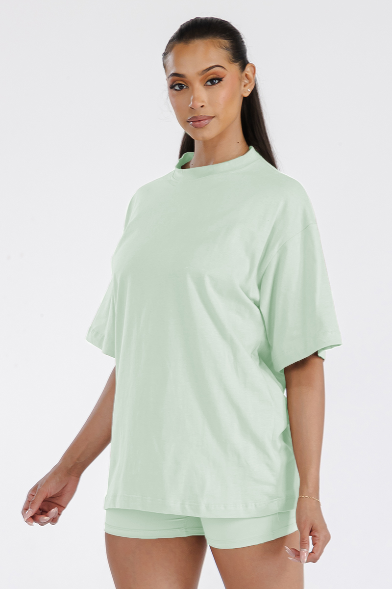 Womens Boyfriend Oversized Drop Shoulder Tee in soft cotton, showcasing its relaxed fit and round neck design.