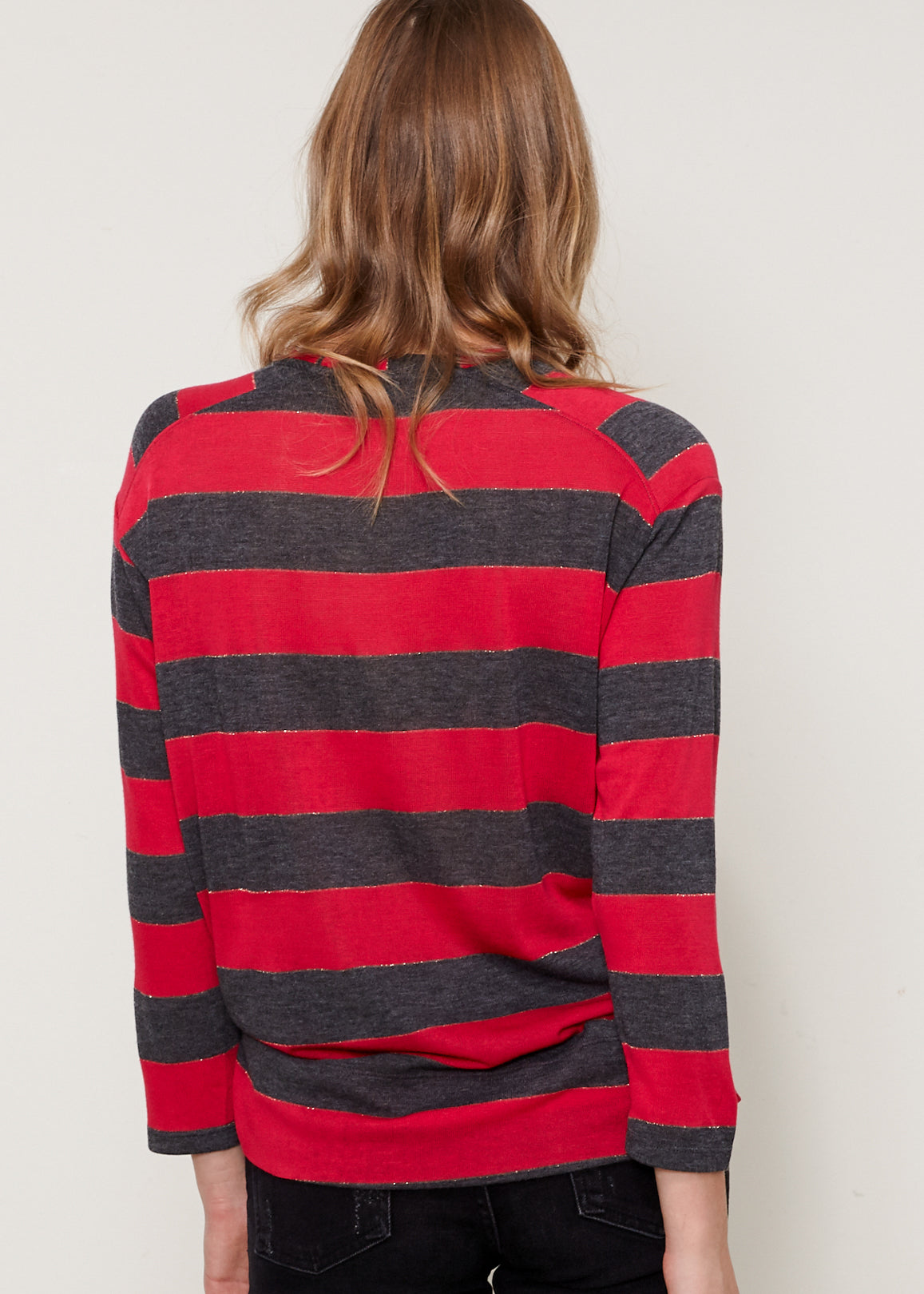 Women's Long Sleeve Crewneck Stripe Tee featuring a stylish stripe print and gold lurex detail, perfect for casual and formal wear.