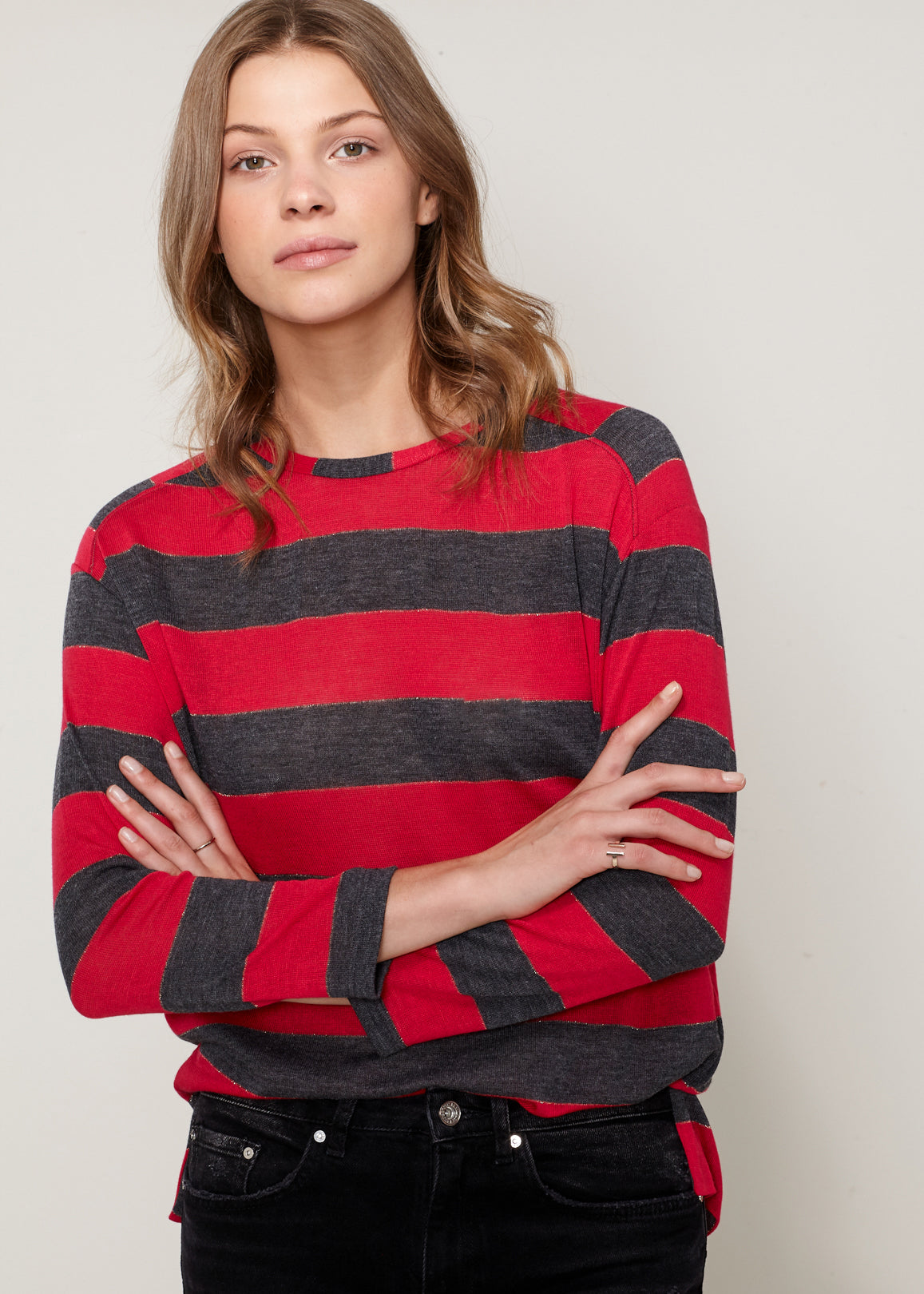 Women's Long Sleeve Crewneck Stripe Tee featuring a stylish stripe print and gold lurex detail, perfect for casual and formal wear.