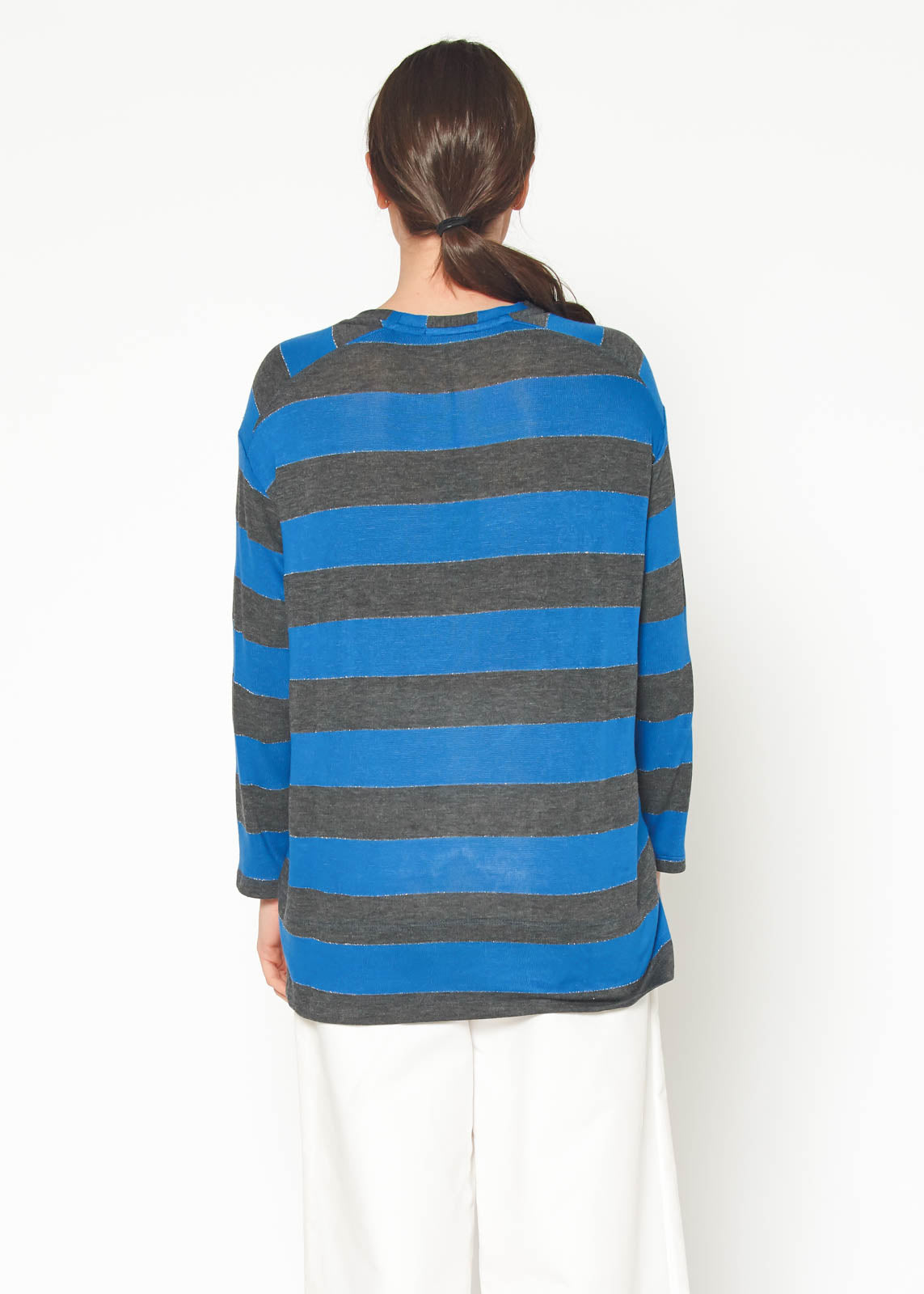 Women's Long Sleeve Crewneck Stripe Tee featuring a stylish stripe print and gold lurex detail, perfect for casual and formal wear.