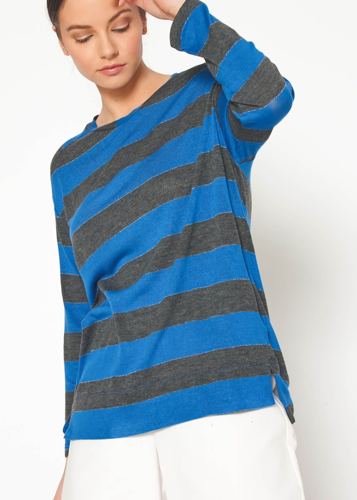 Women's Long Sleeve Crewneck Stripe Tee featuring a stylish stripe print and gold lurex detail, perfect for casual and formal wear.