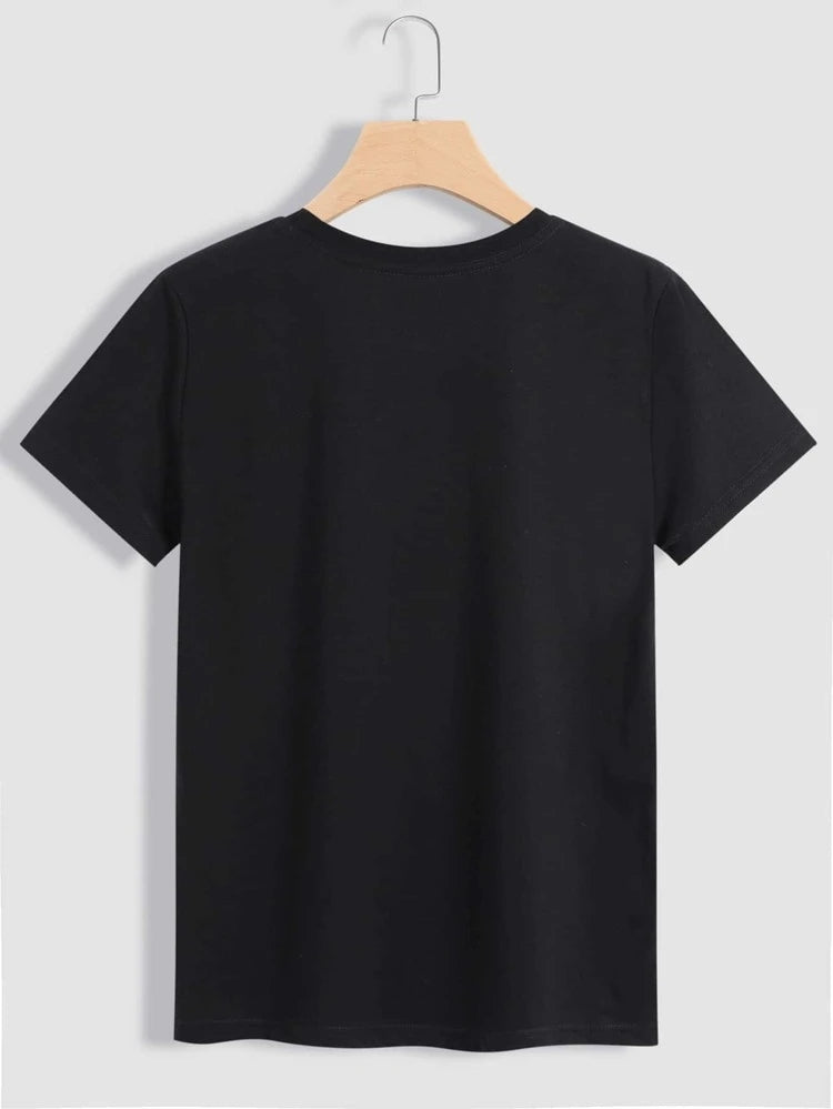 Womens Premium Cotton Printed T-Shirt in Black, featuring a stylish print and soft fabric.