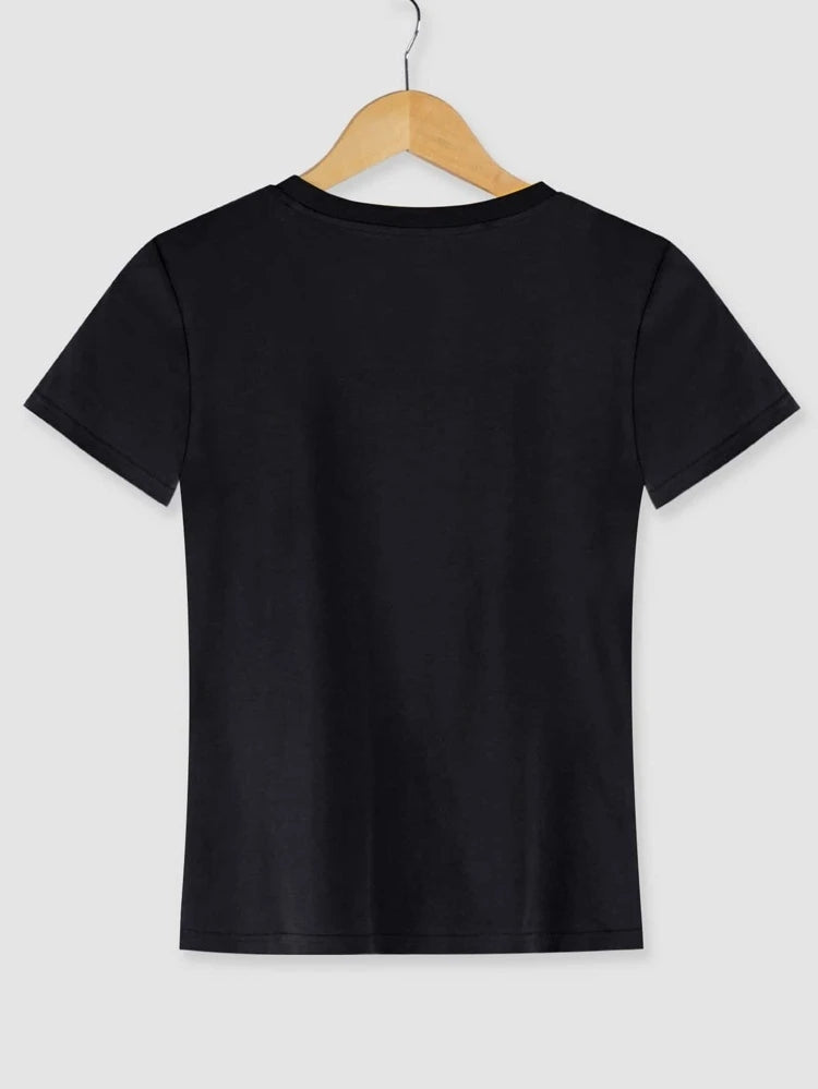 Womens Premium Cotton Printed T-Shirt in Black with stylish print design, showcasing its soft fabric and relaxed fit.