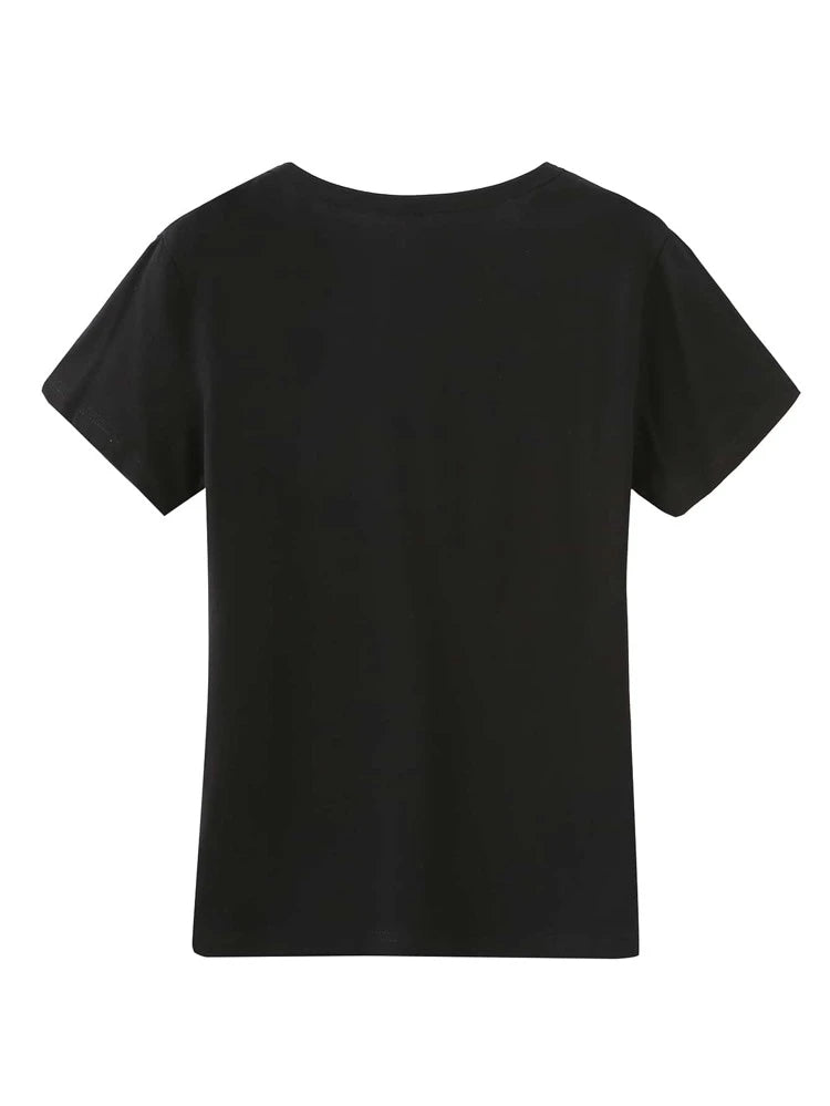 Womens Premium Cotton Printed T-Shirt in Black, featuring a stylish print and soft fabric, perfect for casual wear.