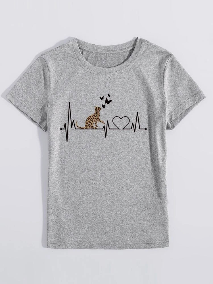 Womens Premium Cotton Printed T-Shirt in grey, showcasing its stylish design and soft fabric.