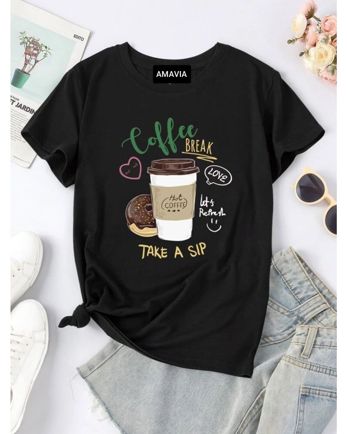 Womens Premium Cotton Printed T-Shirt in Black, featuring a stylish print and soft fabric.