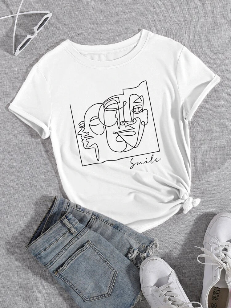 Womens Premium Cotton Printed T-Shirt in white with stylish print design, showcasing soft fabric and comfortable fit.