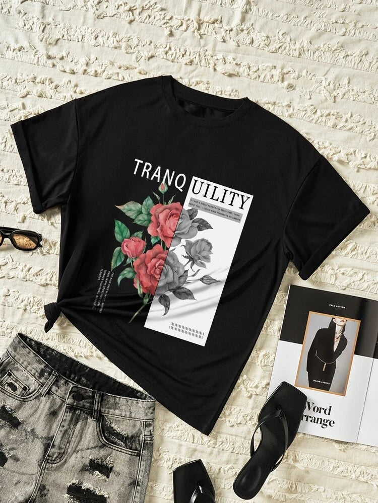 Womens Premium Cotton Printed T-Shirt in Black with stylish print design, showcasing its soft fabric and comfortable fit.