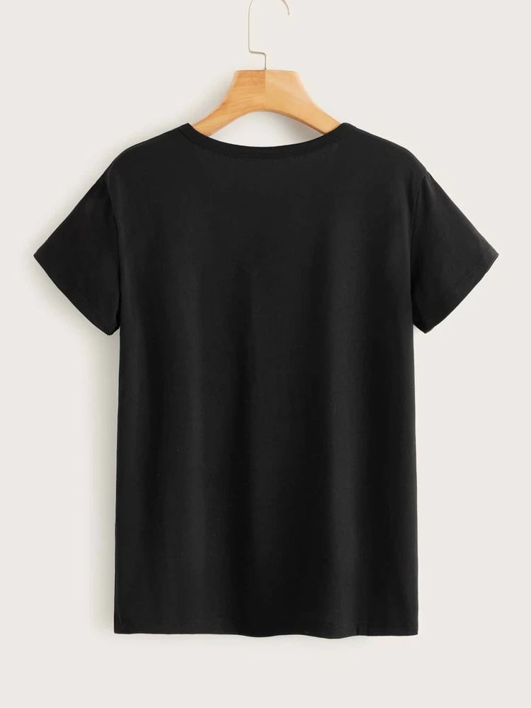Womens Premium Cotton Printed T-Shirt in Black with stylish print design, showcasing its soft fabric and comfortable fit.
