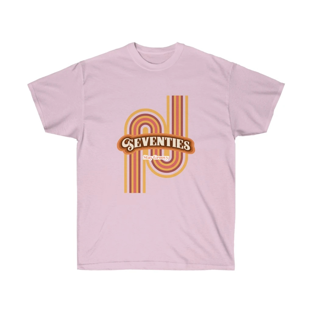 Womens Retro 70's Cotton T-Shirt in soft cotton fabric, featuring a classic fit and vibrant print, perfect for casual wear.