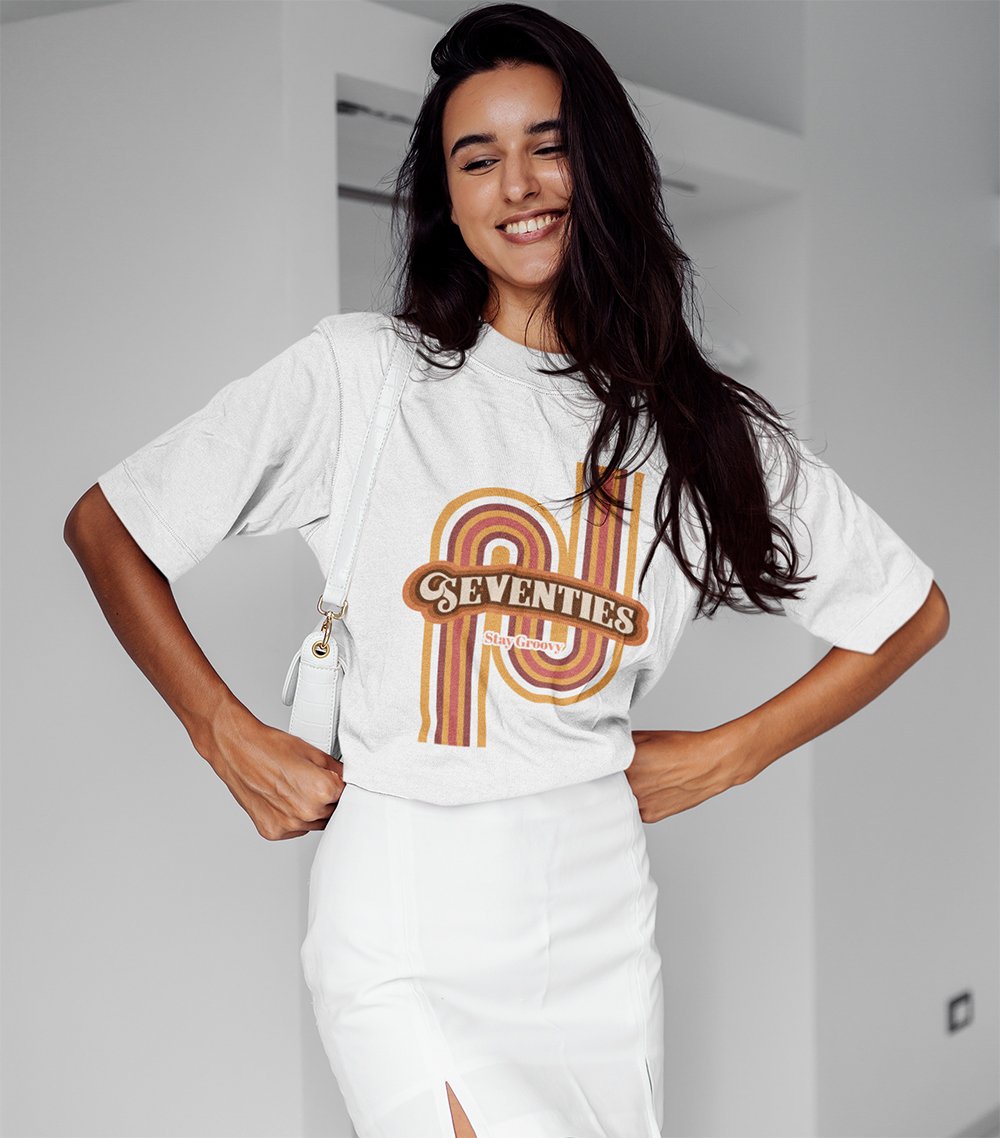 Womens Retro 70's Cotton T-Shirt in soft cotton fabric, featuring a classic fit and vibrant print, perfect for casual wear.